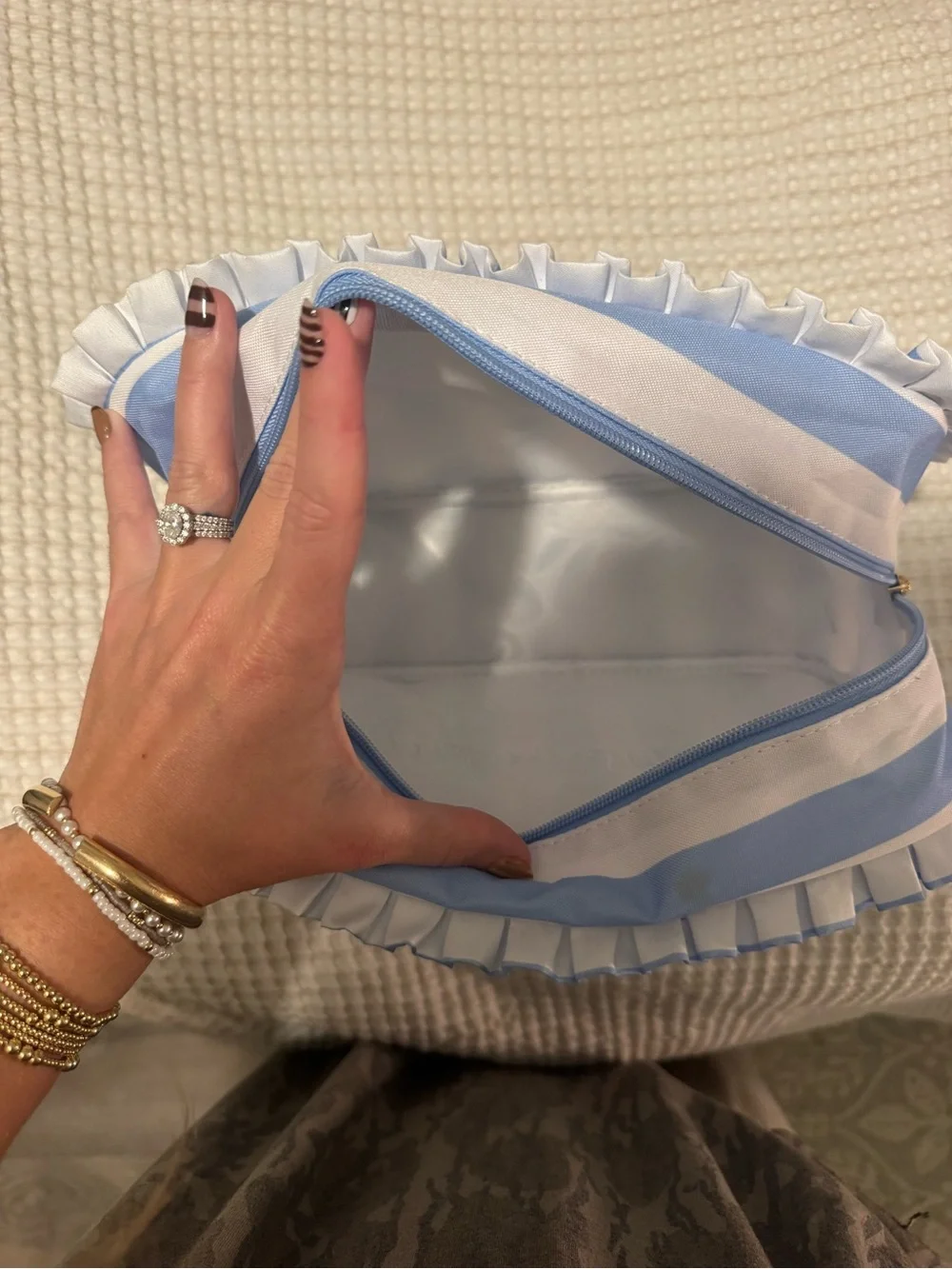 Striped Blue & White Kids Accessory Pouch - Mom Sh*t Embroidered